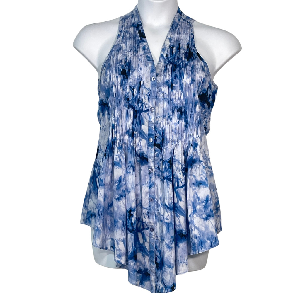 Sioni Sz M Tunic Blouse V-Neck Button Down w/Pintucks Tie Dye Blue Flowy Boho